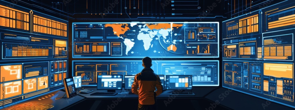 Poster ai-driven demand forecasting: a logistics control room where ai algorithms analyze market trends and