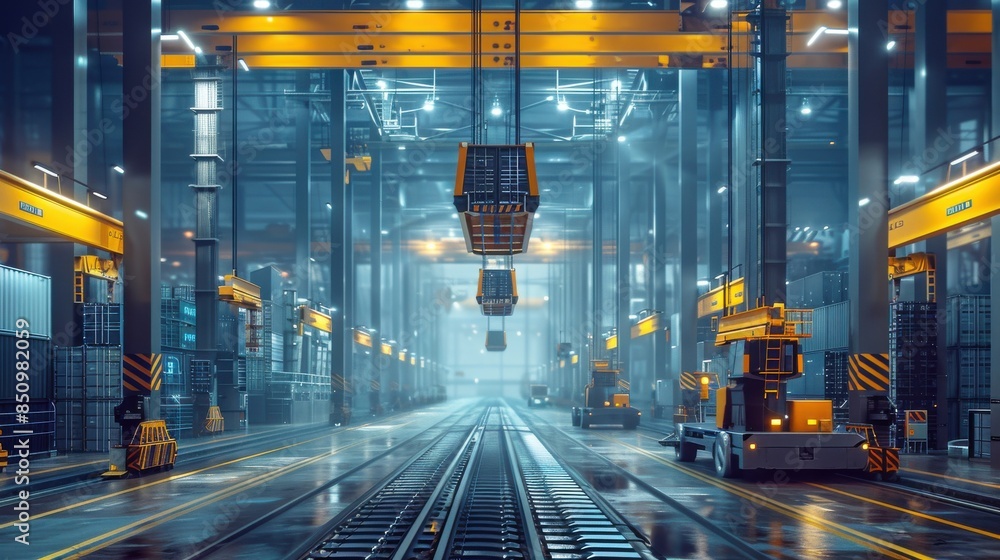 Poster automated container yard: a futuristic container yard with automated cranes and robotic vehicles mov