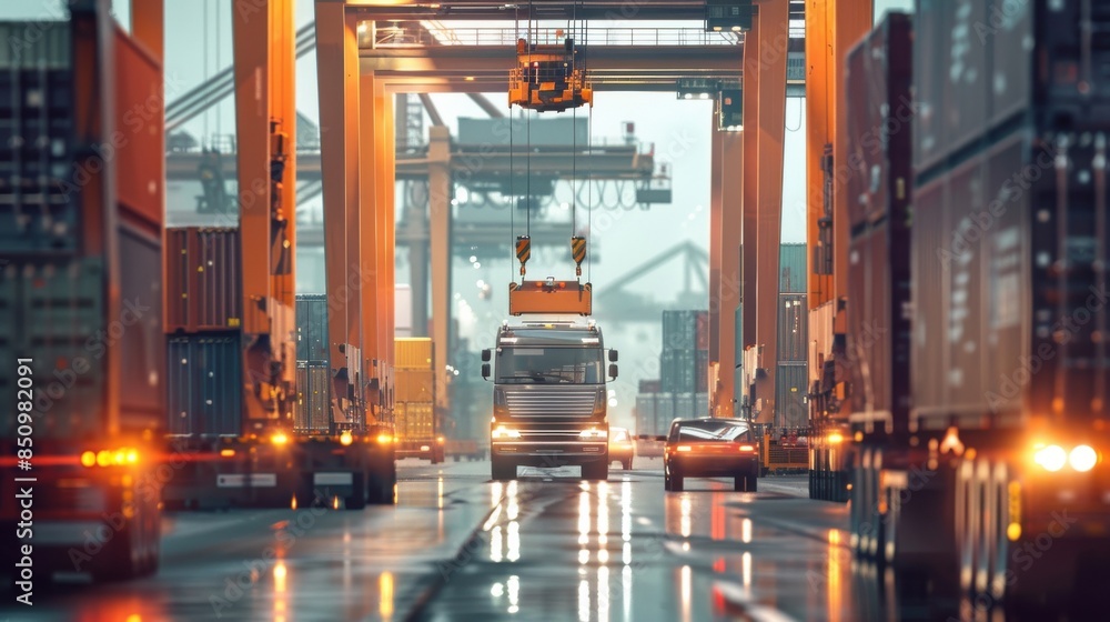 Poster automated container yard: a futuristic container yard with automated cranes and robotic vehicles mov