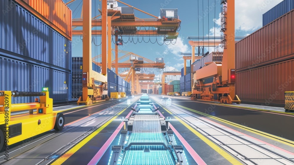 Poster automated container yard: a futuristic container yard with automated cranes and robotic vehicles mov