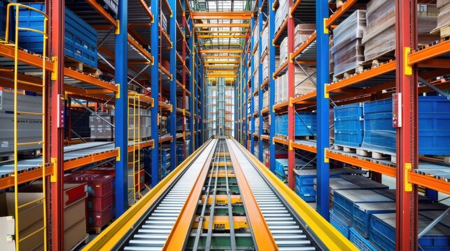 An overview of a large warehouse with automated storage and retrieval systems (AS/RS).