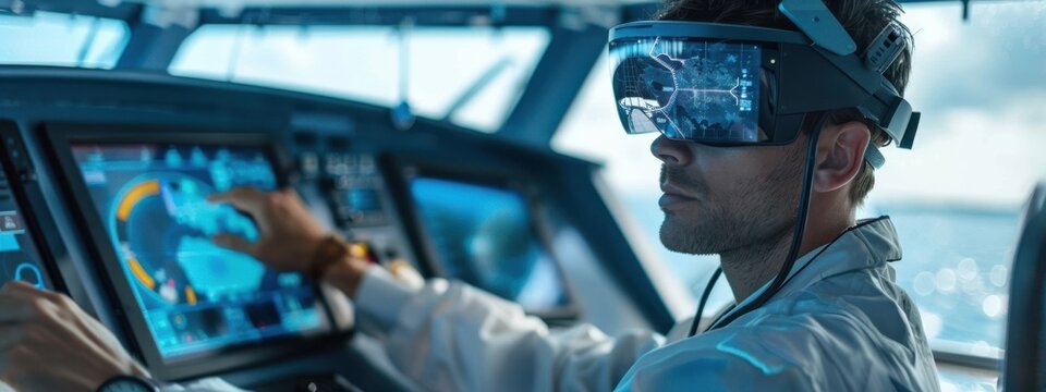 Augmented Reality Navigation for Ships: A futuristic concept where ship captains use augmented reality (AR) headsets to navigate, with digital overlays providing real-time information and guidance.