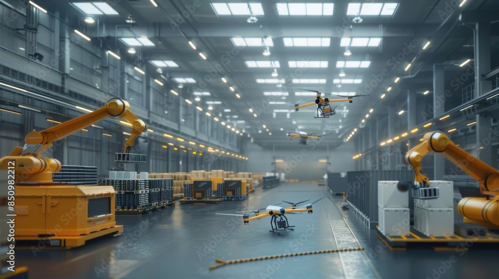 Poster automated warehouse: an interior view of an automated warehouse with robotic arms and drones sorting