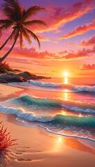 Stunning sunset over a tropical beach with vibrant waves and beachfront houses. The sky is ablaze with hues of orange, pink, and purple, creating a serene and picturesque coastal scene.