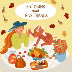 Happy Thanksgiving isolated illustration.  Cute lady, girl with ginger cat at festive table. Thanksgiving, fall mood. Hand drawn vector illustration.