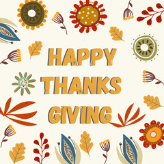 Autumn mood greeting square card poster template. Welcome fall season thanksgiving invitation. Nature leaves, pumpkins, abstract autumn flowers. Vector illustration hand drawn.