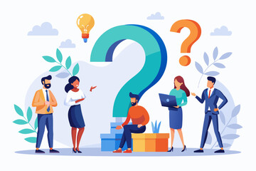 Businesspeople with big question mark in flat design. Employee asking questions concept vector illustration