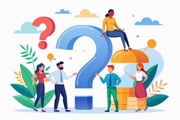 Businesspeople with big question mark in flat design. Employee asking questions concept vector illustration