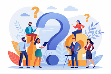 Businesspeople with big question mark in flat design. Employee asking questions concept vector illustration