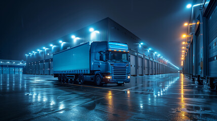 A blue modern truck in a warehouse parking.
