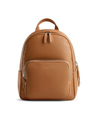 A stylish, cognac brown leather backpack with a minimalist design, perfect for everyday use or travel. Ideal for fashion and lifestyle blogs, online retailers, and travel publications.