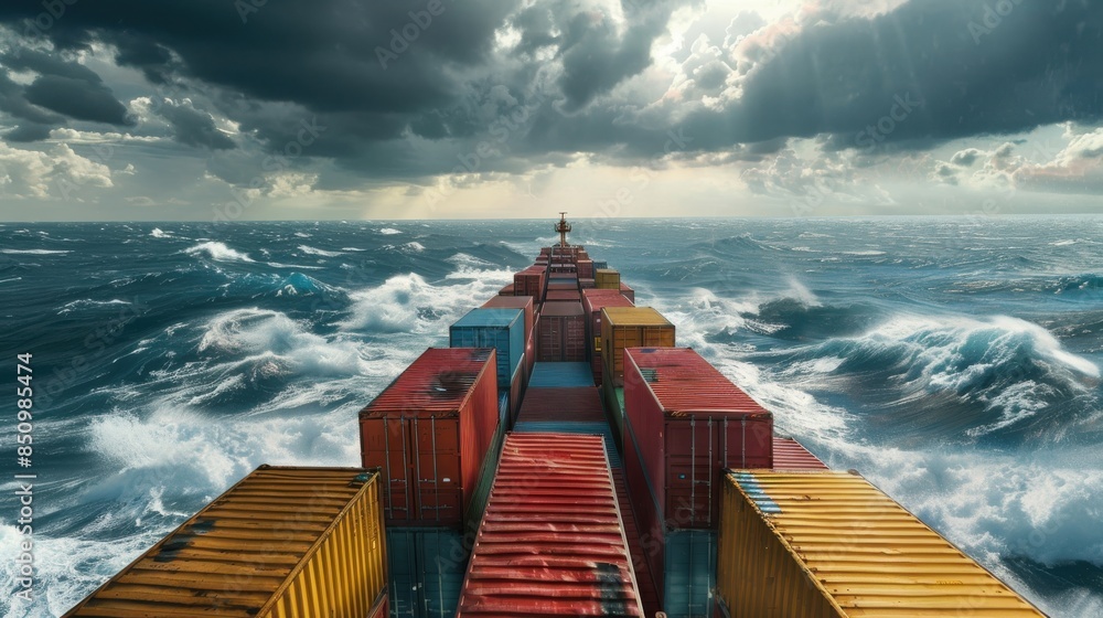Poster container ship at sea: a dramatic image of a massive container ship navigating through rough seas, w