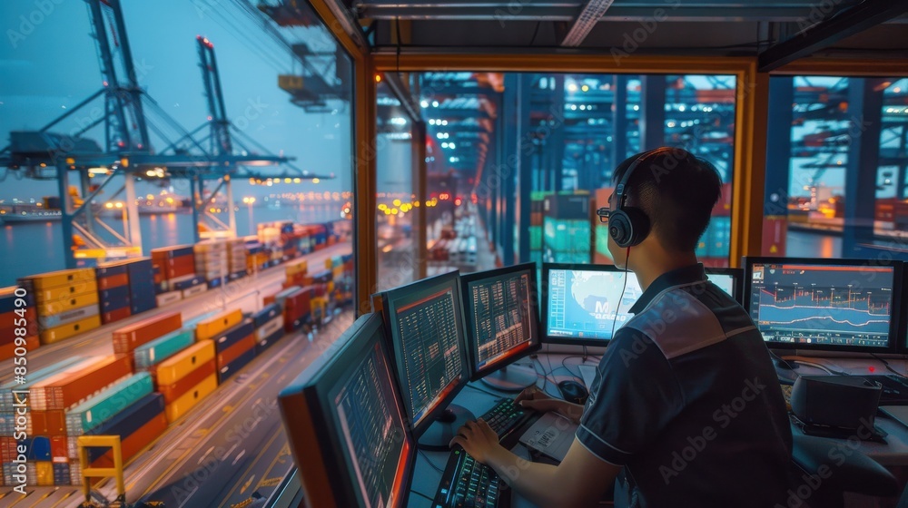 Poster container yard logistics control: a control center overseeing container yard operations, with screen
