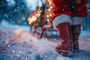 Santa Claus's Red Boots close-up Walking Towards Sleigh with Reindeer in Snowy Winter Christmas Scene, Festive Holiday Concept