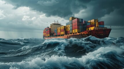 Container Ship at Sea: A dramatic image of a massive container ship navigating through rough seas, with colorful containers stacked high, highlighting the scale of global trade.