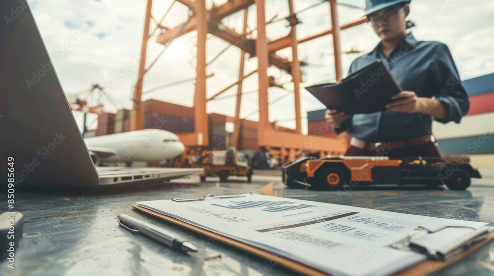 Poster customs documentation: a detailed view of the customs documentation process, with officers and logis