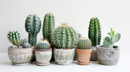 Green cacti in containers against a white backdrop