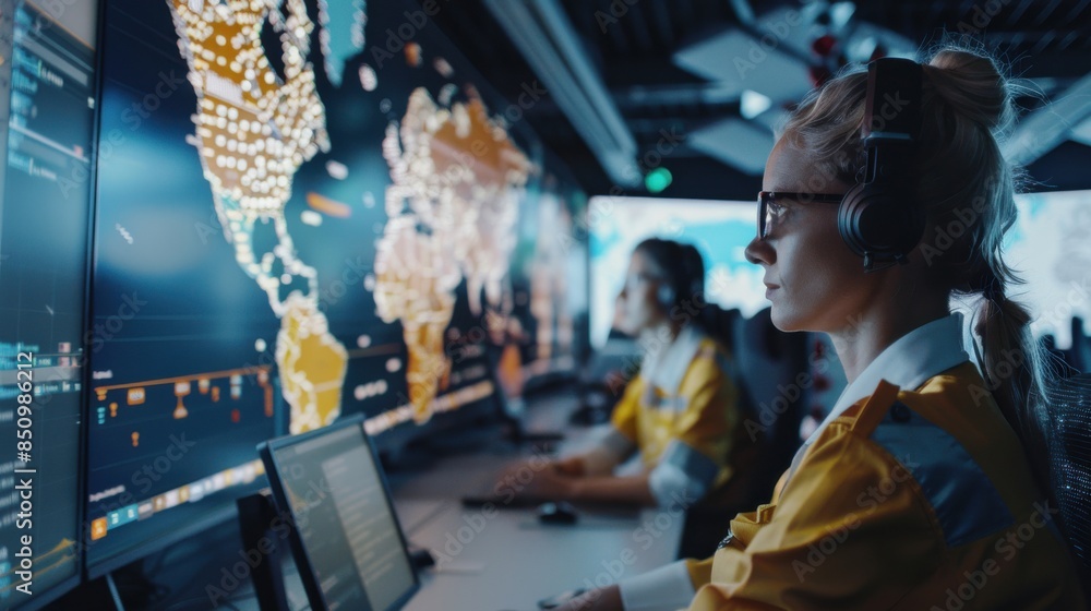 Poster efficient supply chain management: a logistics team in a control room using advanced software to man
