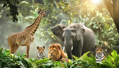 group of wildlife animals in the jungle together