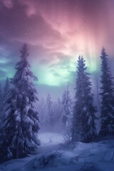 Beautiful aurora northern lights in night sky with snow forest in winter.