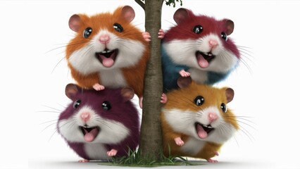 Fototapeta premium A group of four hamsters are standing next to a tree, AI