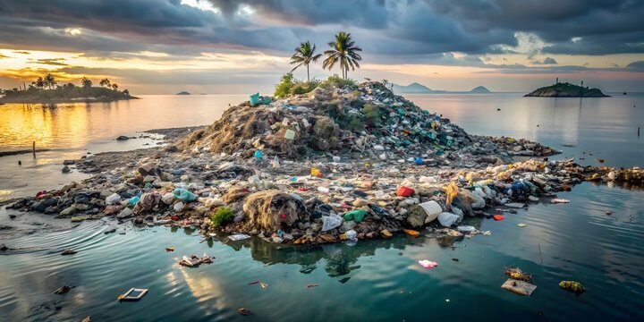 Garbage Island In Ocean. Plastic And Other Trash. Environmental Disaster.
