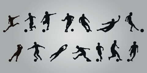 Football. Set of black silhouettes of football players. Playing a game of soccer. Vector on gray background