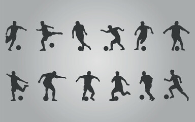 Football. Set of black silhouettes of football players. Playing a game of soccer. Vector on gray background