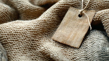 a macro closeup photo of brow color blank fashion cloth branding tag mockup on a knitted fabric surface hang with a thread