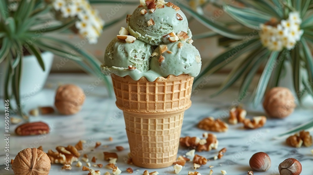 Poster three scoops of ice cream on a table with nuts in vases