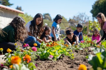 School Garden Activity: Students Planting Flowers and Vegetables for Sustainability Education