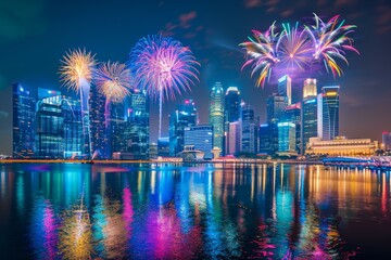 Fototapeta premium Spectacular fireworks illuminate the night sky above a modern cityscape with reflections in the water