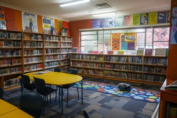 School Library Decorated for Reading Challenge with Colorful Banners and Tracking Charts