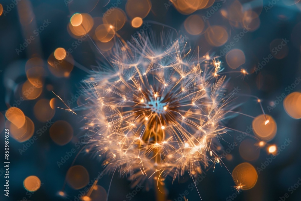 Poster captivating view of sparkling dandelion pod illuminated by twilight lights against a dreamy and ethe