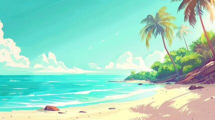 Obraz premium A beautifully styled transparent summer seaside beach. Bright summertime poster featuring a stunning landscape for a summer holiday. Ideal background for summer vacations with a tropical theme.