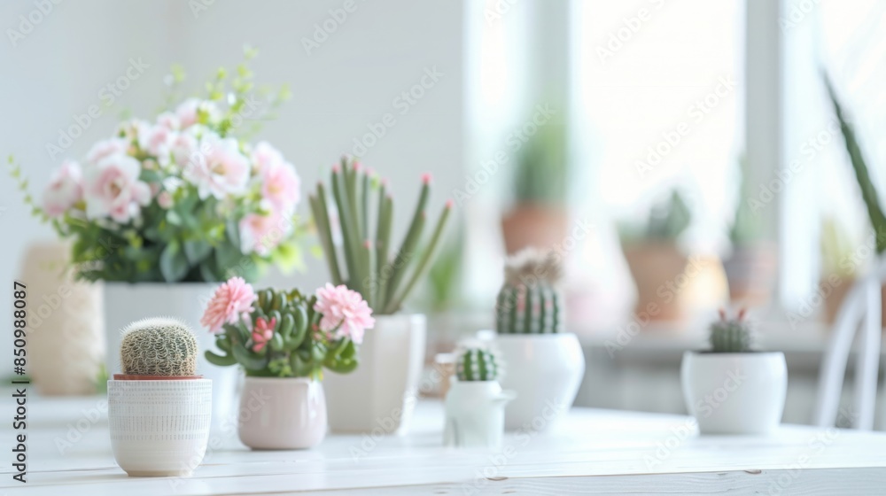 Poster a white table with various succulents and pink flowers in pots. the plants are arranged in a small g