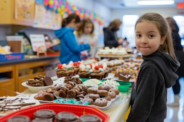 School Fundraising Bake Sale with Students and Parents Selling Homemade Treats