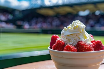 wimbledon inspired dessert bowl of fresh strawberries and cream tennis court setting blurred stadium background sports food photography