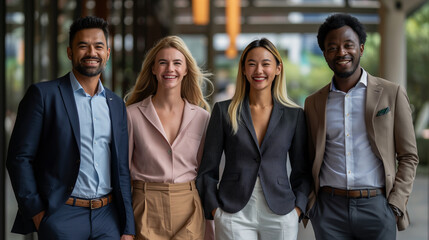 Diverse group of friends in office attires, colleagues of mixed ethnicity bonding together
