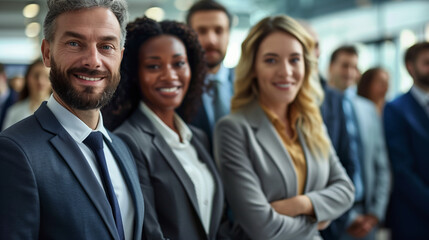 Diverse group of friends in office attires, colleagues of mixed ethnicity bonding together