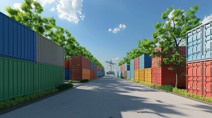 Fototapeta premium Green Container Yard: An eco-friendly container yard with green initiatives like solar-powered equipment and sustainable practices, emphasizing environmental responsibility.