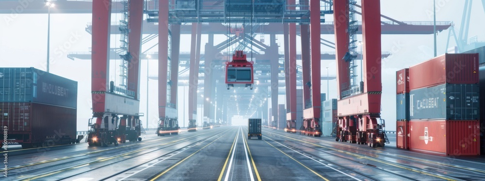 Poster high-tech shipping port: a port equipped with advanced technologies like automated cranes, smart sen