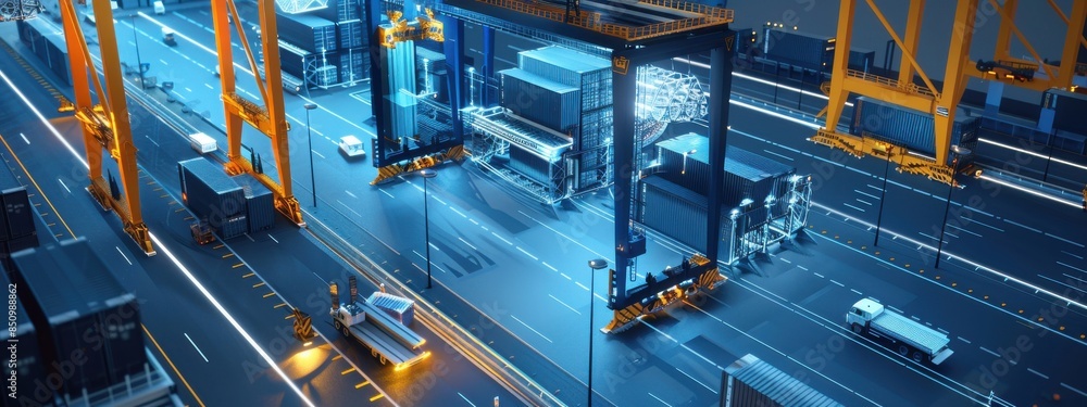Poster high-tech shipping port: a port equipped with advanced technologies like automated cranes, smart sen