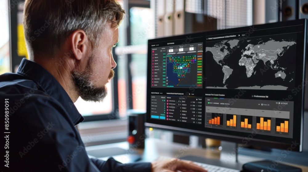 Poster interactive shipping dashboard: a logistics manager using an interactive dashboard to monitor and ma