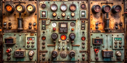 Obraz premium Industrial Steampunk Grunge Background Texture. Old Rusty Metal Control Panel With Lots Of Buttons, Knobs, And Gauges.