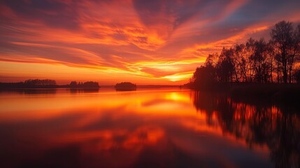 Obraz premium Sunset over a calm river with the sky ablaze in oranges and reds, silhouettes of trees on the horizon, evoking a tranquil and reflective mood. Photography, long exposure. 