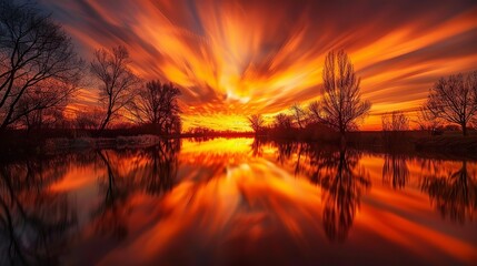 Obraz premium Sunset over a calm river with the sky ablaze in oranges and reds, silhouettes of trees on the horizon, evoking a tranquil and reflective mood. Photography, long exposure. 