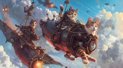 Naklejka premium Illustration of a steampunk cat going on an adventure in a mechanical suit. Ai generated image