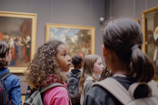 Students on an Educational Field Trip to an Art Museum Discussing Famous Paintings and Sculptures
