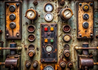 Industrial Steampunk Grunge Background With Gauges, Knobs, And Buttons.